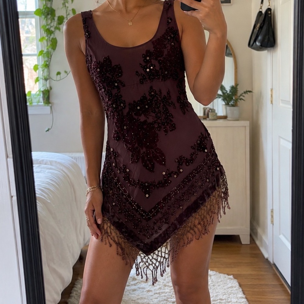 Brown Silk Burnout Velvet Handkerchief Hem Beaded Fringe mini dress 1